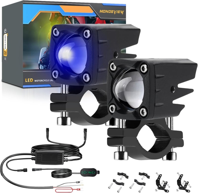 MONDEVIEW LED Motorcycle Auxiliary Light Kit, 5 Modes, Spot Driving Lights, Compatible with Tractor Truck ATV UTV SUV Boat, 2 PCS，Blue - Image 1